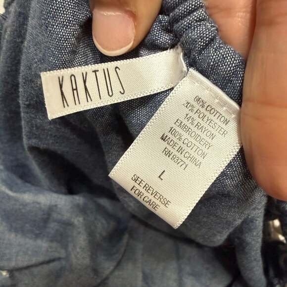 Kaktus Chambray Denim Eyelet Lace Ruffled Off The Shoulder Dress - Picture 2 of 7